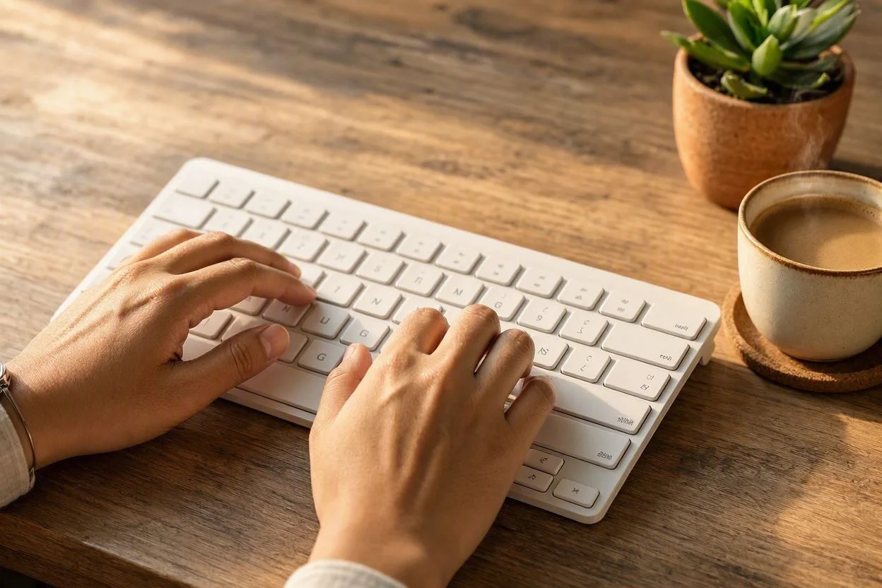 Manos escribiendo en teclado con café y planta sobre escritorio.