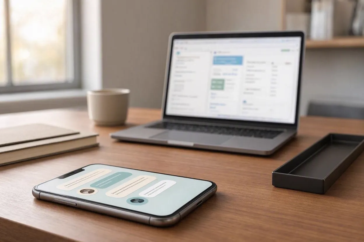 Móvil con conversación de WhatsApp en primer plano y panel de CRM inmobiliario al fondo.