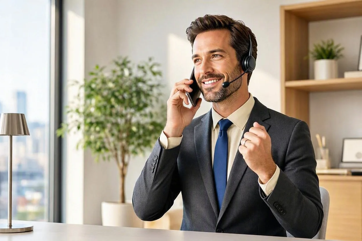 Agente atendiendo una llamada de cliente con auriculares.
