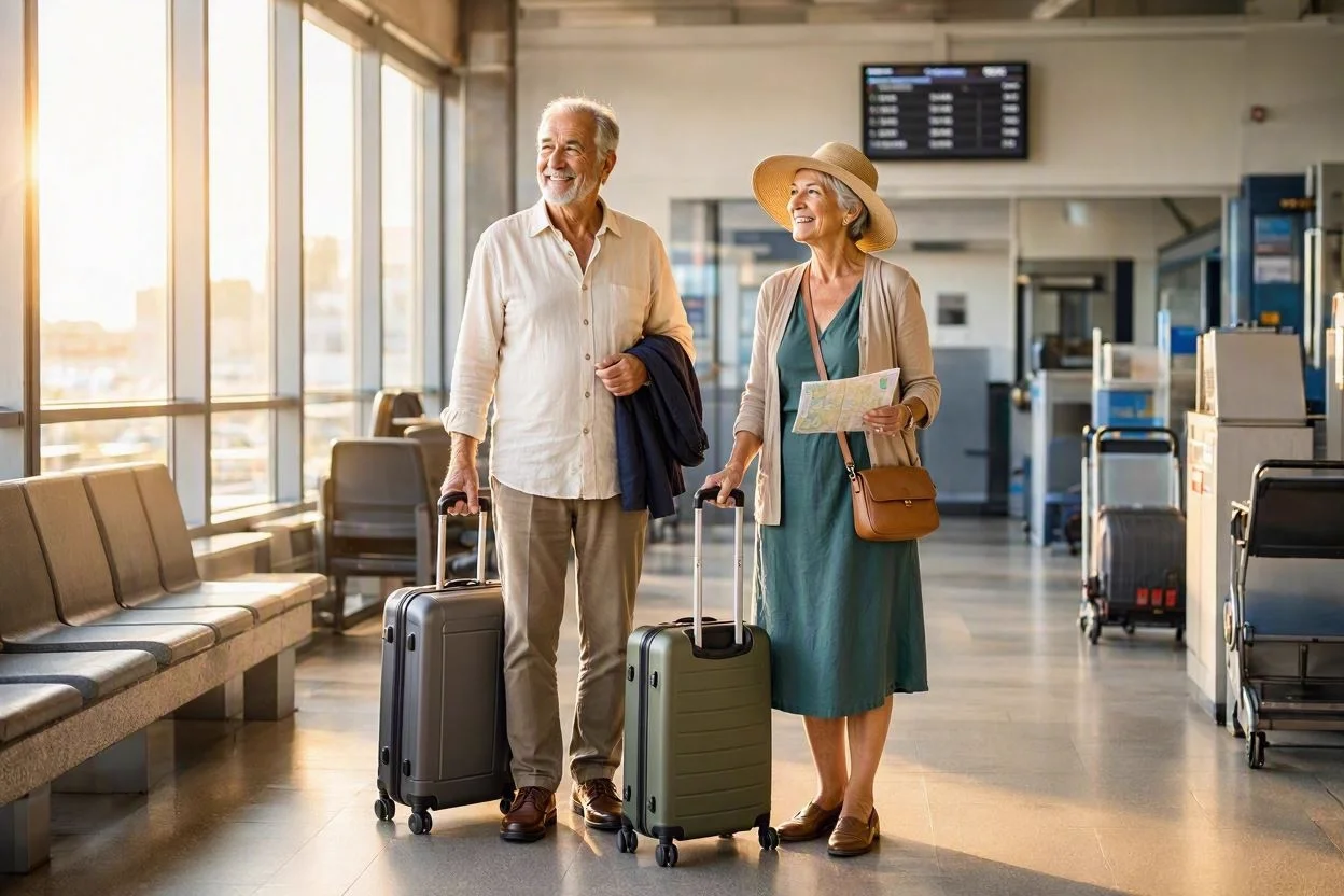 Pareja de jubilados extranjeros con maletas en la sala de llegadas del aeropuerto.