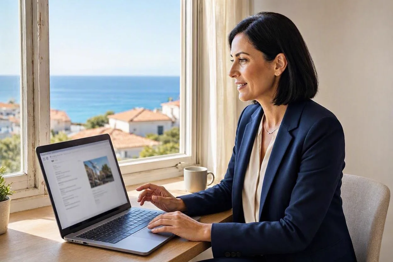 Agente inmobiliario en videollamada con comprador internacional, vista al Mediterráneo de fondo.