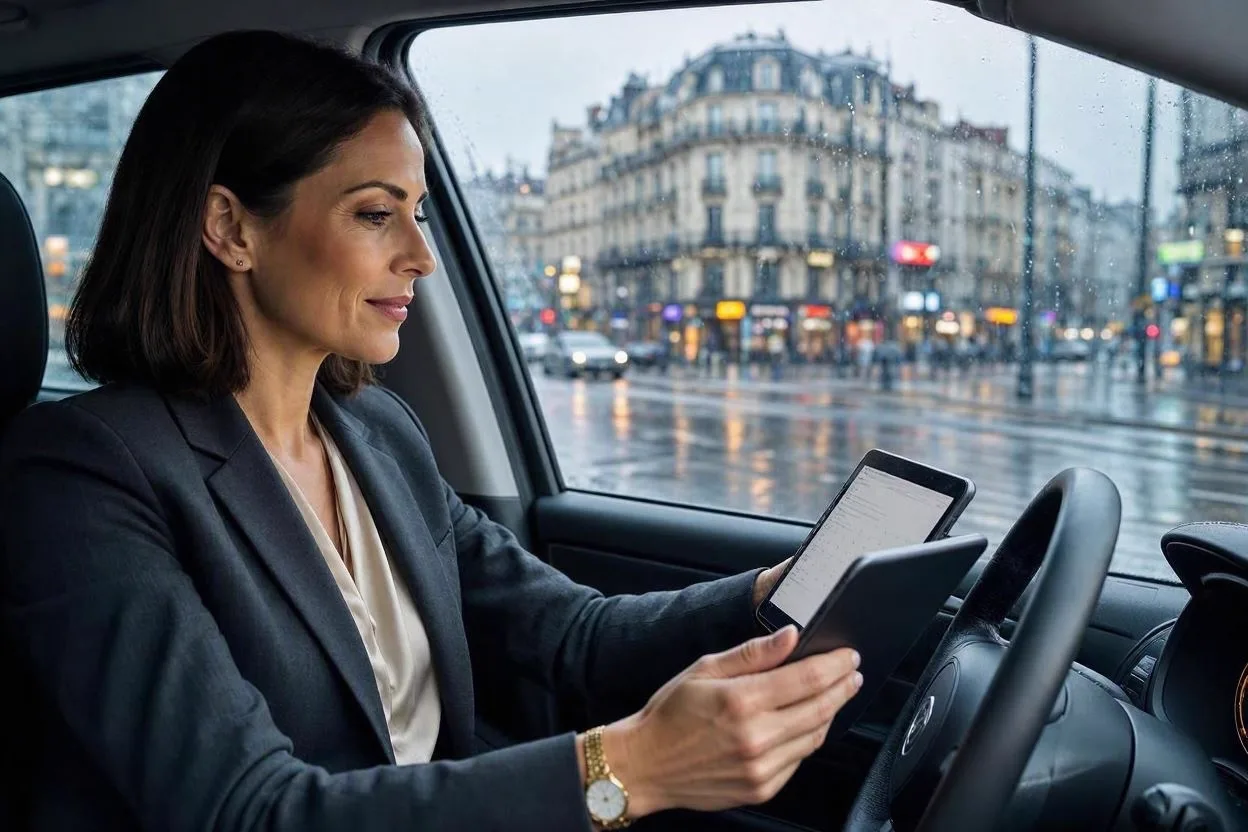 Agente inmobiliario al volante consultando la agenda de visitas en tablet bajo la lluvia en una calle de Bilbao.