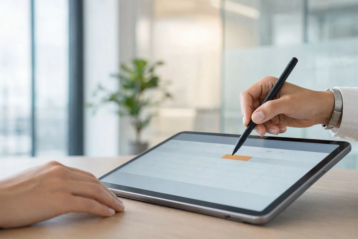 Agente gestionando una cita en pantalla táctil con stylus.