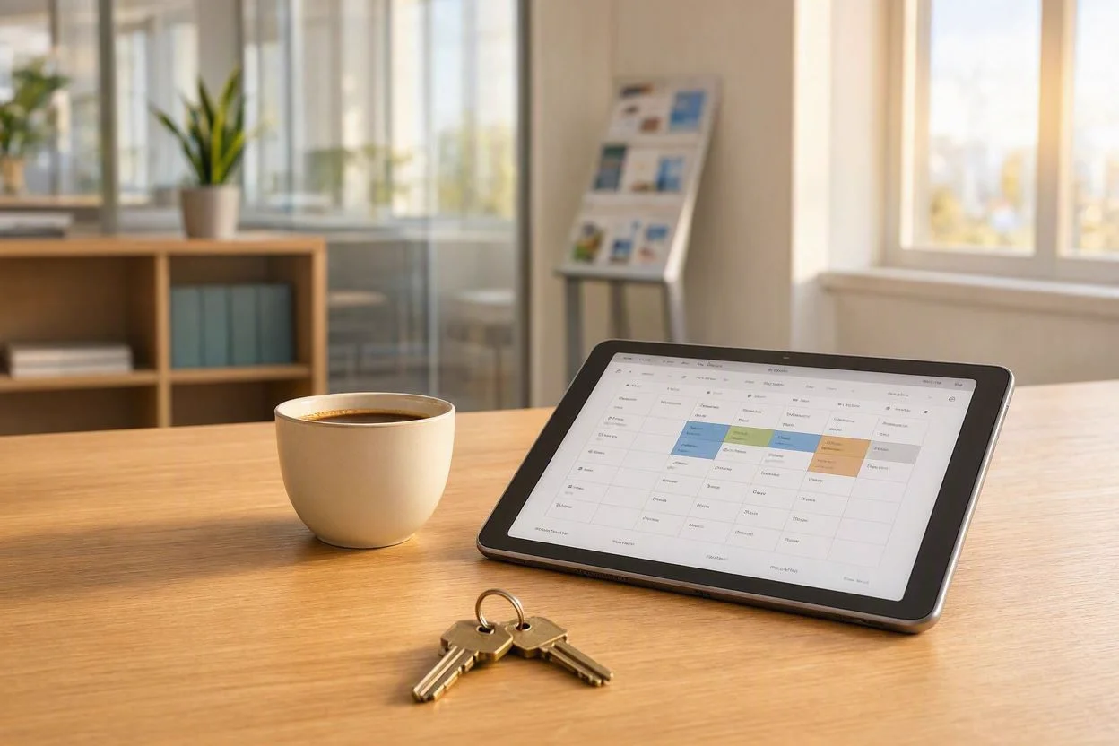 Agenda de visitas en tablet sobre escritorio con cafÃ© y llaves.
