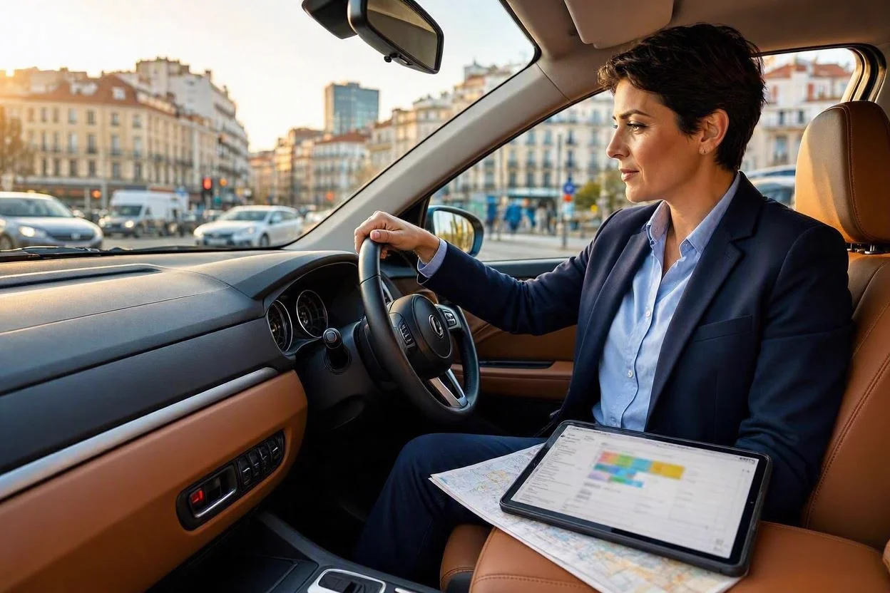 Agente inmobiliario al volante consultando la agenda de visitas en tablet en tráfico urbano de Madrid.