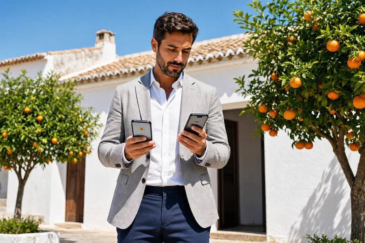 Agente inmobiliario comprobando el aviso de calor extremo frente a un edificio andaluz con naranjos.