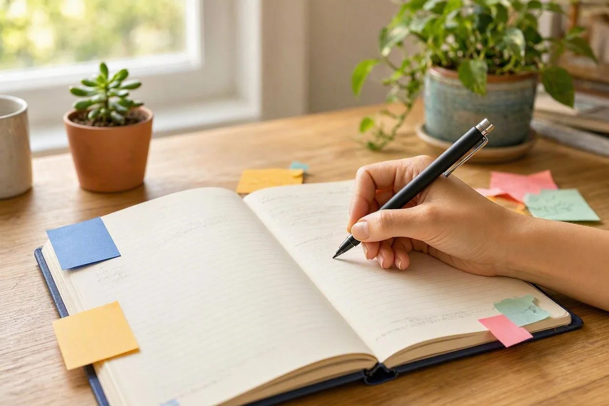 Planner físico con post-its de ideas de contenido.