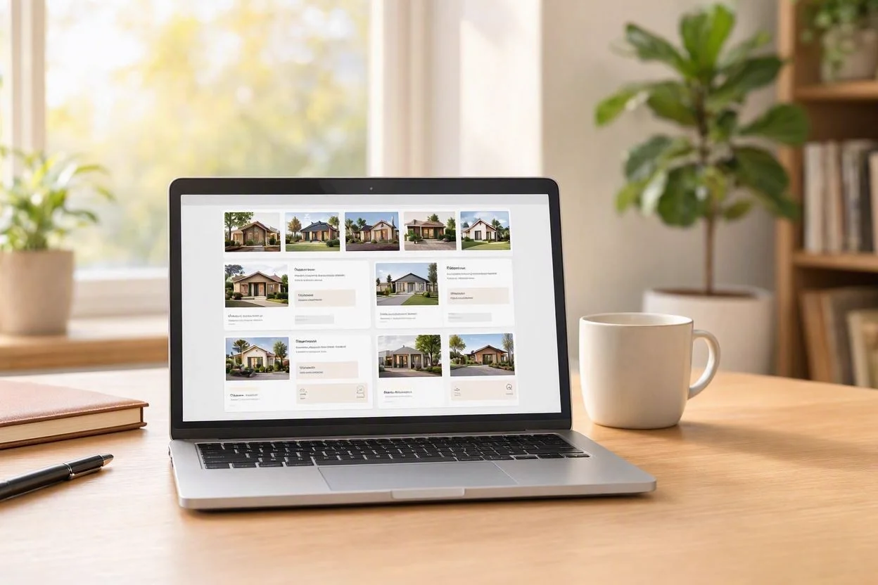 Portátil mostrando una web de inmobiliaria con listado de propiedades