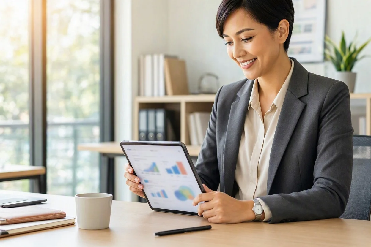 Agente revisando métricas de email en tablet.