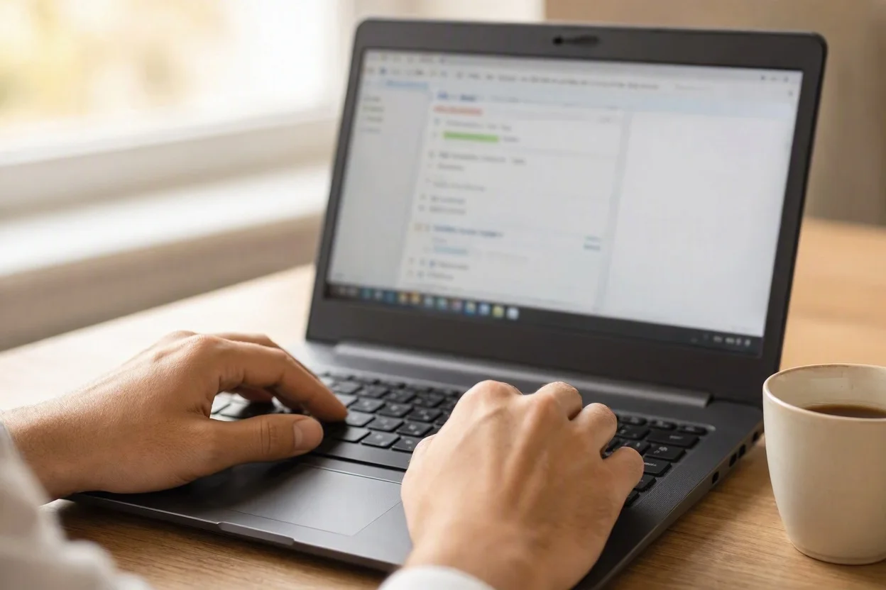 Redacción de email de seguimiento en teclado con portátil.