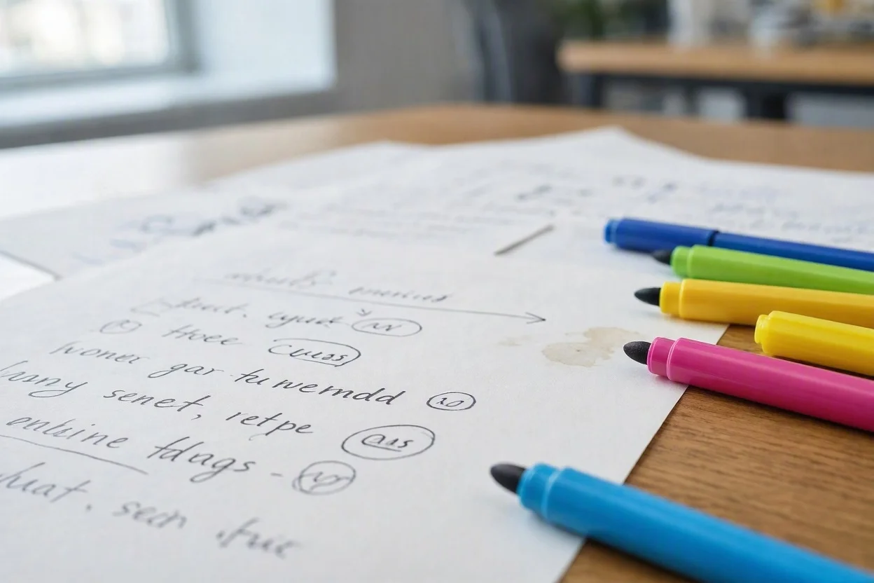 Notas de priorización de leads con marcadores de colores.